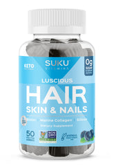 Gommes SUKU Luscious Hair dans une bouteille, pratique pour cheveux et ongles.