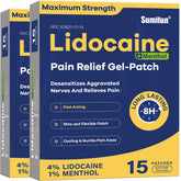 Patch Sumifun lidocaïne 4% et menthol 1% appliqué sur le dos pour soulagement local.