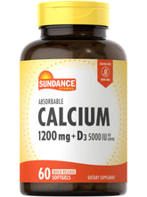 Gélules Sundance Calcium 1200 mg et D3 5000 UI en bouteille, soutien quotidien.