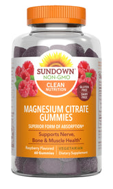 Gommes Sundown magnésium citrate framboise dans une bouteille pratique pour la routine quotidienne