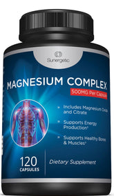 Sunergetic magnésium oxyde-citrate 500 mg en bouteille, capsules faciles à avaler.