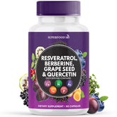 Superfood MD Resveratrol-Berberine, bouteille d'extrait de pépins de raisin, soutien potentiel des polyphénols.