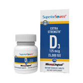 Bouteille Superior Source Vitamine D3 5000 UI montrant l'étiquette, soutien immunitaire potentiel.