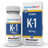 Superior Source Vitamine K1 500 mcg, bouteille sublinguale, dissolution facile pour l'absorption du calcium.