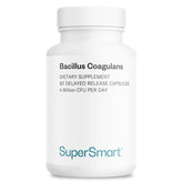 Supersmart Bacillus Coagulans, bouteille avec capsules faciles à prendre, soutien digestif potentiel.