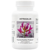 Supreme Nutrition Astragalus Supreme, botella frontal para uso diario con cápsulas vegetales.