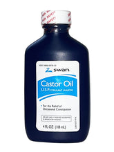 Swan huile de ricin USP, bouteille 118 ml pratique pour les voyages et le soulagement ponctuel.