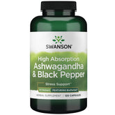 Swanson Ashwagandha haute absorption avec Bioperine, soutien potentiel au bien-être quotidien.