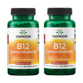 Swanson B12 cyanocobalamine, bouteille de capsules pour soutenir l'énergie au quotidien.