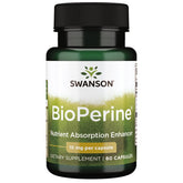Swanson Bioperine, bouteille de capsules, amélioration potentielle de l'absorption des nutriments.