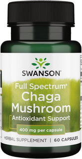 Swanson Chaga champignon spectre complet, emballage bouteille avec pilules — potentiel antioxydant quotidien.