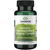 Swanson Complex Curcuma Ashwagandha Ginseng, flacon pratique pour la routine quotidienne.