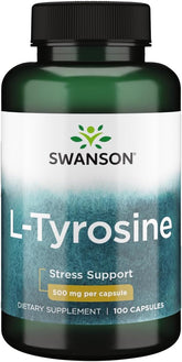 Swanson L-Tyrosine gélules en bouteille, soutien potentiel à la concentration et clarté mentale.