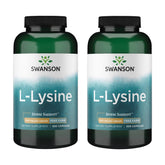 Capsules Swanson L-Lysine 500 mg, bouteille montrée, soutien quotidien potentiel et calme.
