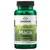 Swanson Maca 500 mg, capsules dans la boîte, soutien potentiel de vitalité au quotidien.