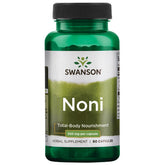 Capsules Swanson Noni 500 mg dans une bouteille, soutien potentiel au bien-être.