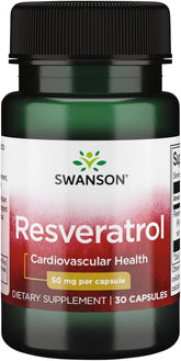 Swanson Resveratrol 50, bouteille et capsules, potentiel soutien antioxydant quotidien.