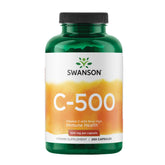 Swanson vitamine C 500: bouteille de capsules avec fruits d églantier, soutien immunitaire potentiel.