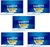 Tampons Tampax Absorbance Régulière, emballage de 5 boîtes, pratique au quotidien.