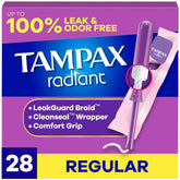 Tampons Tampax Radiant emballage discret, pratique à transporter.