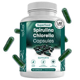 Teaveli: bouteille de gélules spiruline et chlorelle, dosage simplifié pour detox quotidienne.