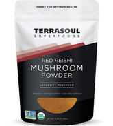 Terrasoul Reishi poudre extrait 4-1 emballage: dosage facile et biologique.