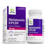 Terry Naturally Melatonin EP 120 10 mg – Bouteille et comprimés favorisant un sommeil reposant.
