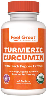 The Feel Great Vitamin Company Turmeric Curcumin, bouteille biologique, soutien bien-être quotidien.