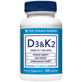 The Vitamin Shoppe D3 K2 5000 UI — bouteille de capsules, soutien possible des os et du système immunitaire.