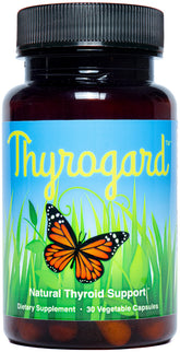 Thyrogard : bouteille avec étiquette claire indiquant un soutien thyroïdien naturel.