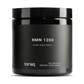 Toniiq NMN 1200 mg — Bouteille noire et capsules faciles à prendre