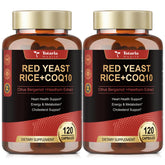 Totaria riz levure rouge coQ10 en bouteille montrant l'emballage et la capsule.