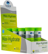 Trace Minerals Max-Hydrate Immunity s'effervesce dans un verre, hydratation rafraîchissante.