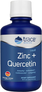 Trace Minerals Zinc Quercetine – bouteille orange-mangue, soutien immunitaire potentiel et digestion.