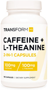 TransformHQ Caféine et L-Theanine : bouteille ouverte pour énergie durable.