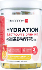Boîte TransformHQ Hydration avec sachets, pratique pour hydratation en déplacement.