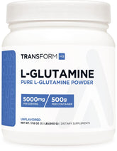 TransformHQ L-Glutamine Poudre – bouteille 500 g, portions quotidiennes sans gluten.