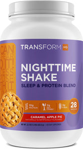 TransformHQ Batido Nocturno frente a la lata; pastel de manzana con caramelo, sabor reconfortante.