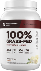 Protéine isolat de bœuf Transparent Labs en pot, saveur vanille, idéale après entraînement.