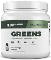 Pot Transparent Labs Prebiotic Greens ouvert, poudre prête à être mélangée pour soutenir la digestion.