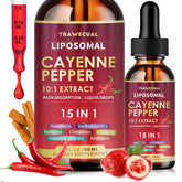 Trawecual gouttes liposomales Cayenne, bouteille et flacon pour énergie et digestion potentielles.