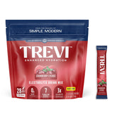 TREVI Électrolytes sans sucre, paquets devant, saveur canneberge lychee pour hydratation agréable.