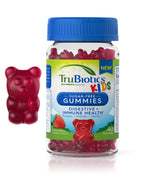 Boîte TruBiotics pour enfants avec gommes saveur fraise et conseils d’utilisation.