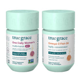True Grace – Bouteille multivitamines 40+ montrant des comprimés végétaliens et un soutien quotidien.