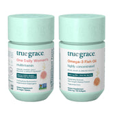 Vitamines féminines True Grace en bouteille végan, énergie et vitalité quotidiennes.