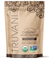 Poudre whey biologique Truvani dans emballage, idéale pour un petit déjeuner protéiné.