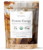 Truvani Protein + Energy vanille-latte poudre — dose idéale pour démarrer la journée.