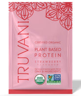 Poudre protéinée Truvani pois fraise dans un emballage élégant et pratique.