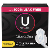 U by Kotex CleanWear protections ultra-minces avec ailes offrant sécurité sans fuite et confort quotidien.