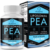 Ulmubra liposomale PEA 1300 mg et luteolin 100 mg, flacon visible, absorption optimale.